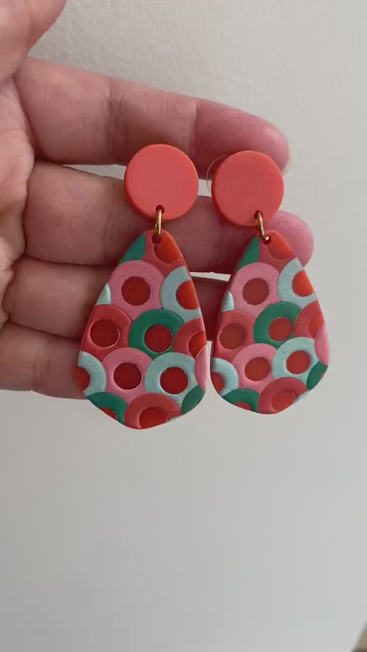 Mix Colour Teardrop Earrings, Green Mega Acrylic Earrings for Her, Bohemia Polymer Clay Green and Red Earrings,Light Weight Acrylic Earrings