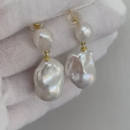 14k Gold Cultured Fireball Pearl Earrings, Large Baroque Pearl Drop Earrings, Classic Silhouette White Pearl Jewellery for Her