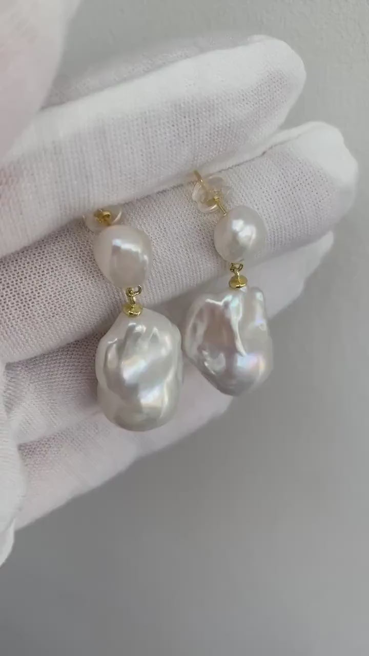 14k Gold Cultured Fireball Pearl Earrings, Large Baroque Pearl Drop Earrings, Classic Silhouette White Pearl Jewellery for Her