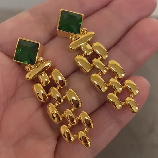 Thick and Wide Watch Chains Emerald Earrings in Gold , Green Zircon Heirloom Chain Earrings for Her, Vintage Inspired, S925 Needle