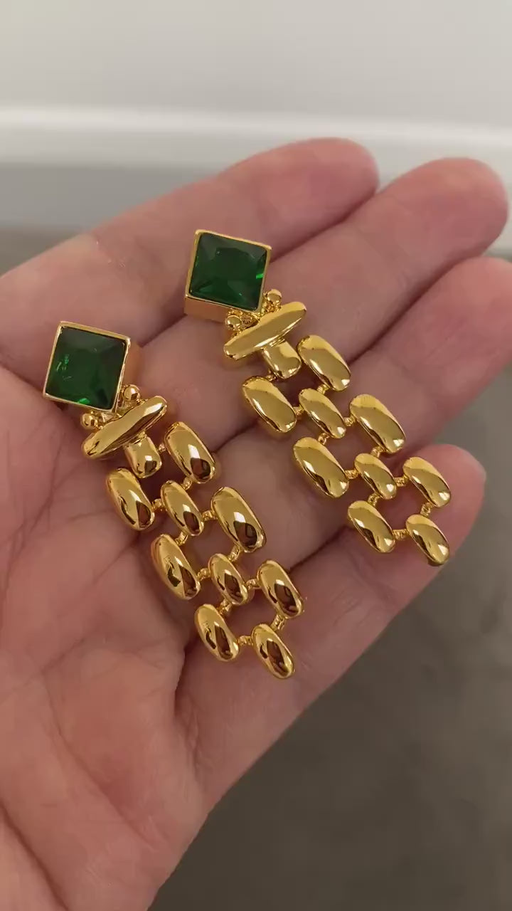 Thick and Wide Watch Chains Emerald Earrings in Gold , Green Zircon Heirloom Chain Earrings for Her, Vintage Inspired, S925 Needle