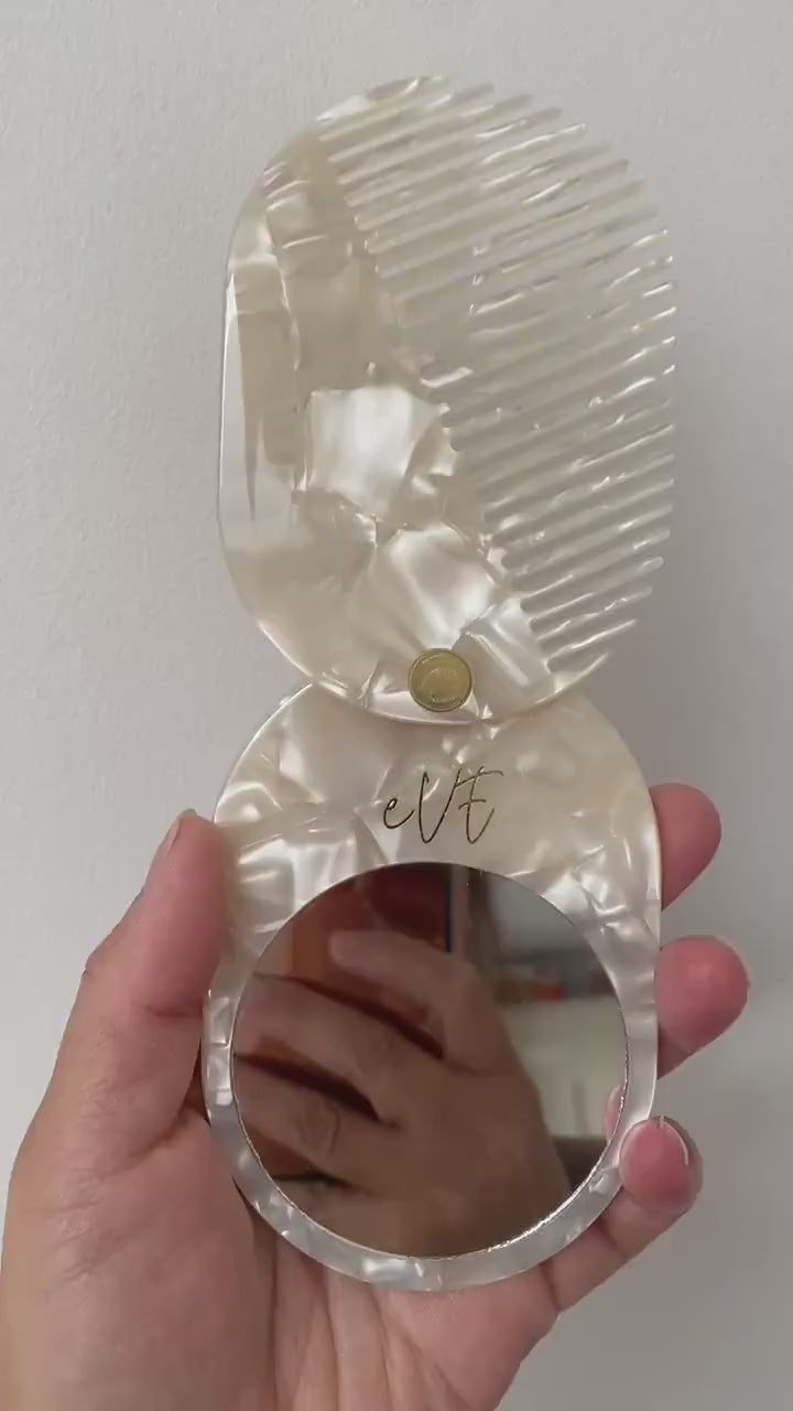 Acetate Folding Mirror and Mini Slide Hair Comb Set, Pocket Mother of Pearl Bridesmaid Gift