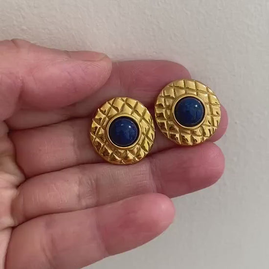 Blue Lapis Lazuli Stud Earrings, Ridge Lapis lazuli Earring, 18K Gold Lapis Lazuli Round Stud Earrings