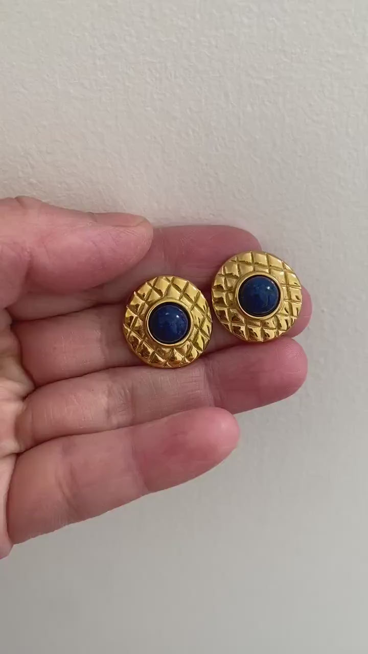 Blue Lapis Lazuli Stud Earrings, Ridge Lapis lazuli Earring, 18K Gold Lapis Lazuli Round Stud Earrings