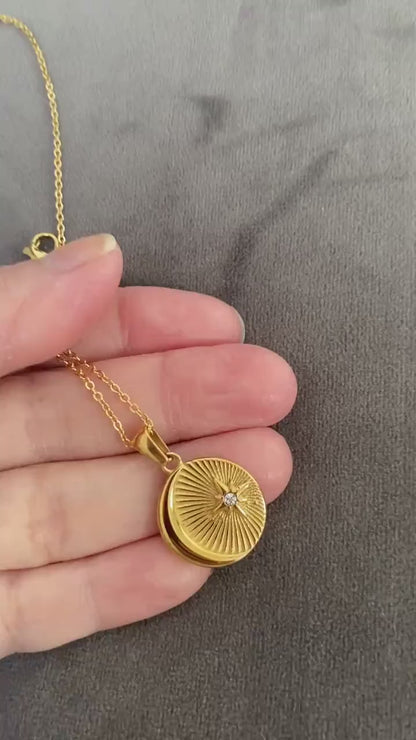 Gold Coin Starburst Necklace, Celestial Pendant Necklace,  Zircon Star Moon Necklace, Sun Pendant Textured Necklace for Her, Birthday Gift