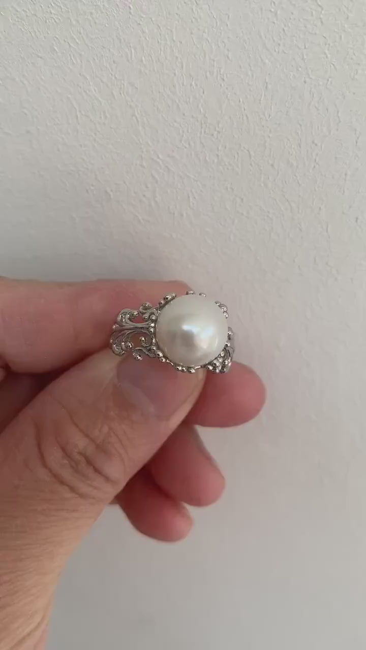 Retro Style Freshwater Pearl Statement Ring, Unique Staking Styles Cocktail Ring, Delicate Large Pearl Ring, S925 Sterling Silver Rare Piece