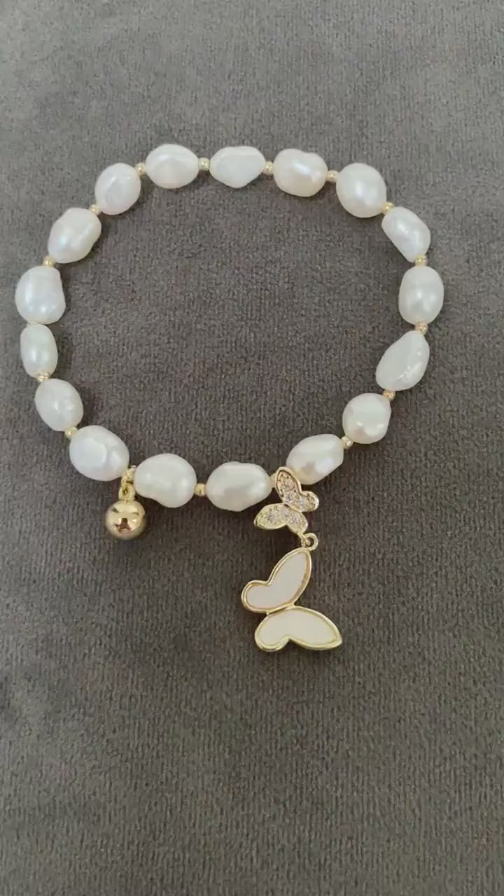 Bright Glitter Butterfly Pearl Bracelet, Freshwater Pearls charm Bracelet, White Pearl Zircon Bracelet,  18K Gold and S925 Sterling Silver.