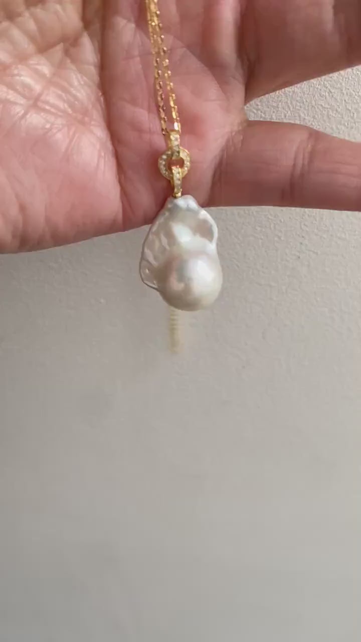 AAA Large Fireball cultured Pearl Pendant charm, Radiant Luster Big Baroque Pearl Necklace For Her, Gold or Silver