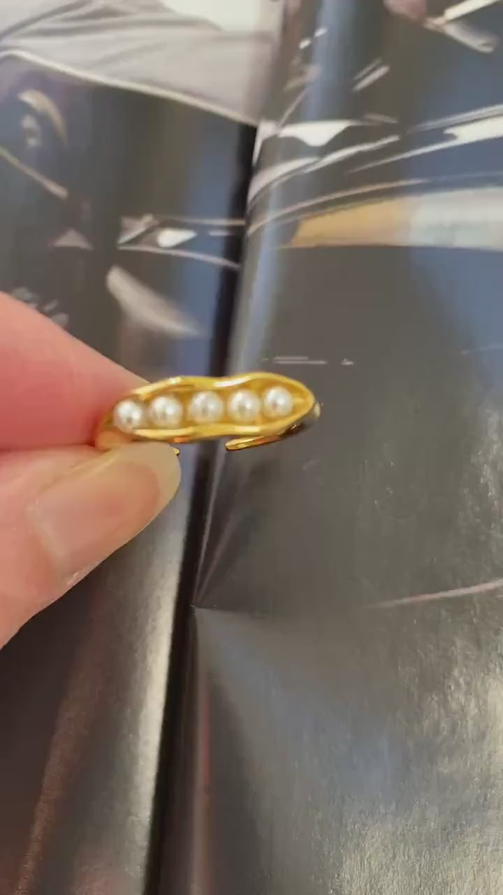 18K Gold Pearl Ring, Dainty Pearl Open Ring, Pearl Beaded Ring, Classic Thin Stack Ring, Minimalist Style. Stainless Steel