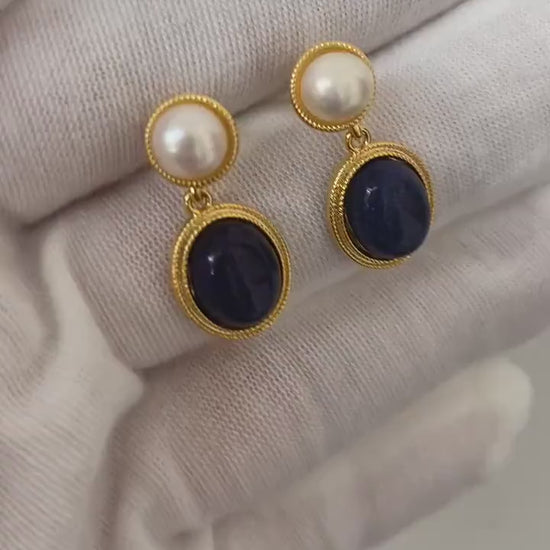 18K Gold Blue Lapis Lazuli and White Shell Pearl Drop Earrings, Handmade Precious Gemstone Jewellery for Women