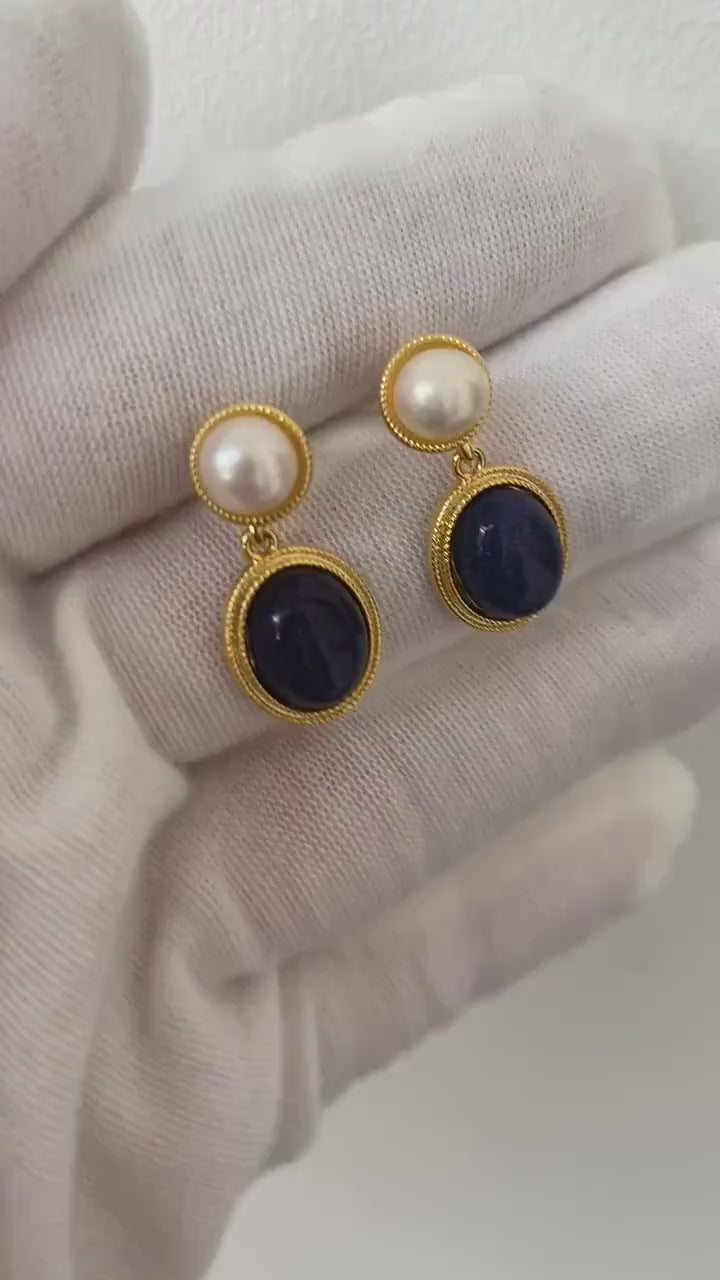 18K Gold Blue Lapis Lazuli and White Shell Pearl Drop Earrings, Handmade Precious Gemstone Jewellery for Women