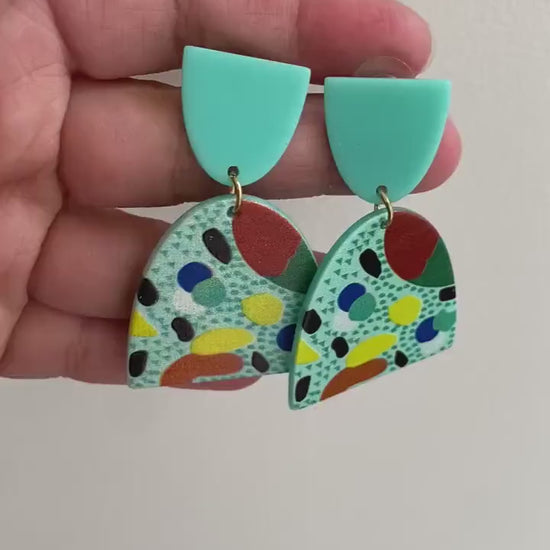 Mega Acrylic Drop Earrings, Light Weight Acrylic Earrings for Her, Green and Yellow Dots Acrylic Earrings, Mix Colours Polymer Clay earrings