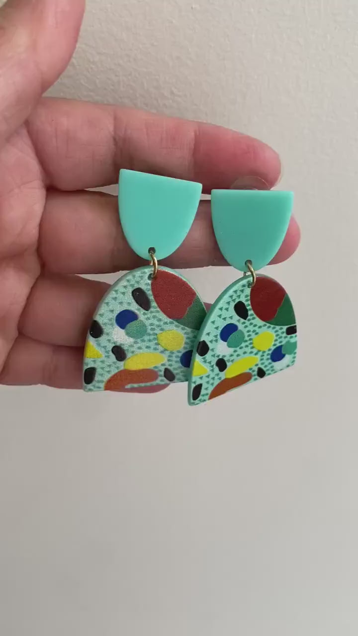 Mega Acrylic Drop Earrings, Light Weight Acrylic Earrings for Her, Green and Yellow Dots Acrylic Earrings, Mix Colours Polymer Clay earrings