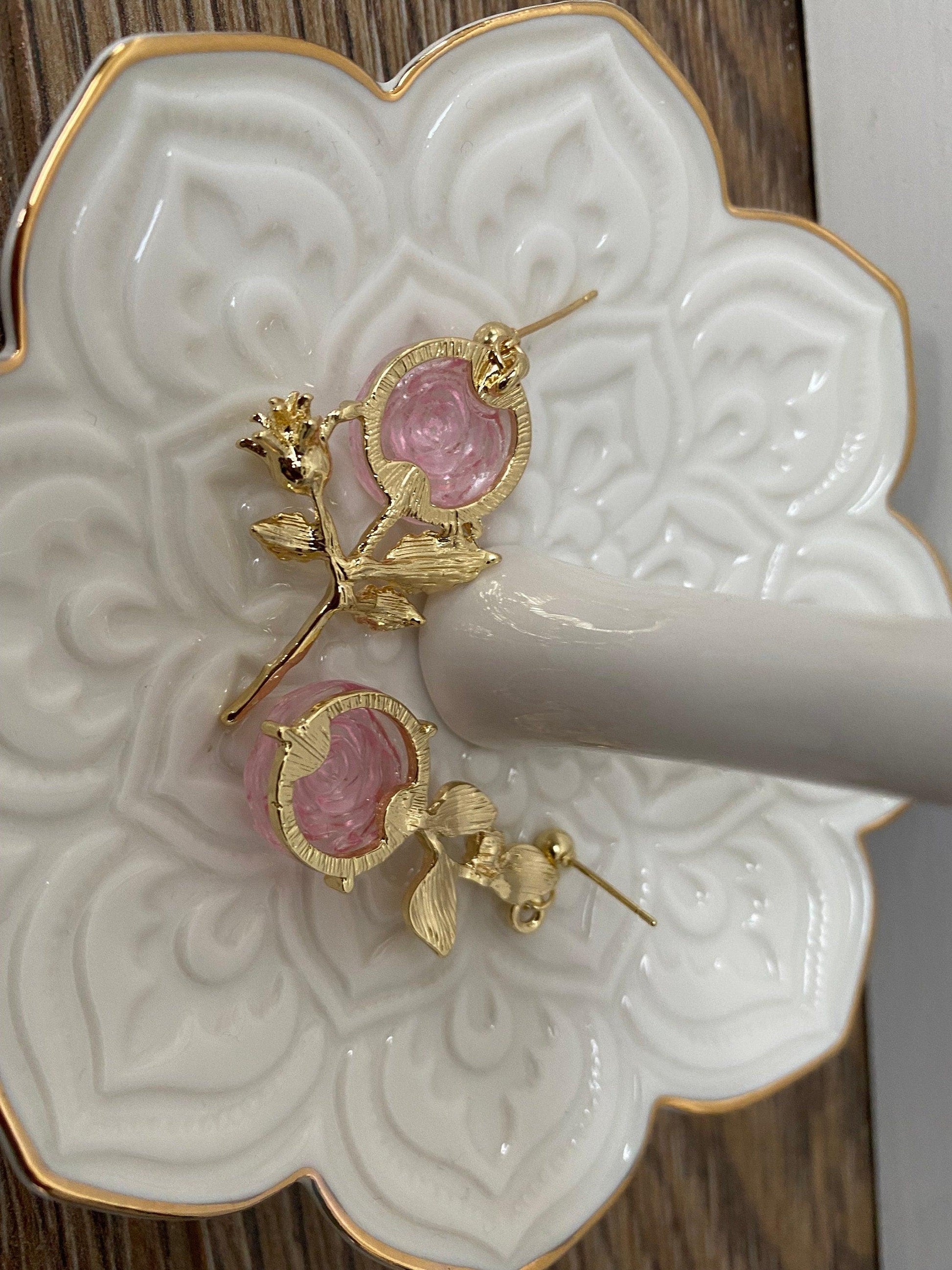 Asymmetric Rose Zircon Gemstone Earrings, Shinning Rose Zircon Earring For Her, S925 Silver Needle and Gold Earring eVE United Kingdom