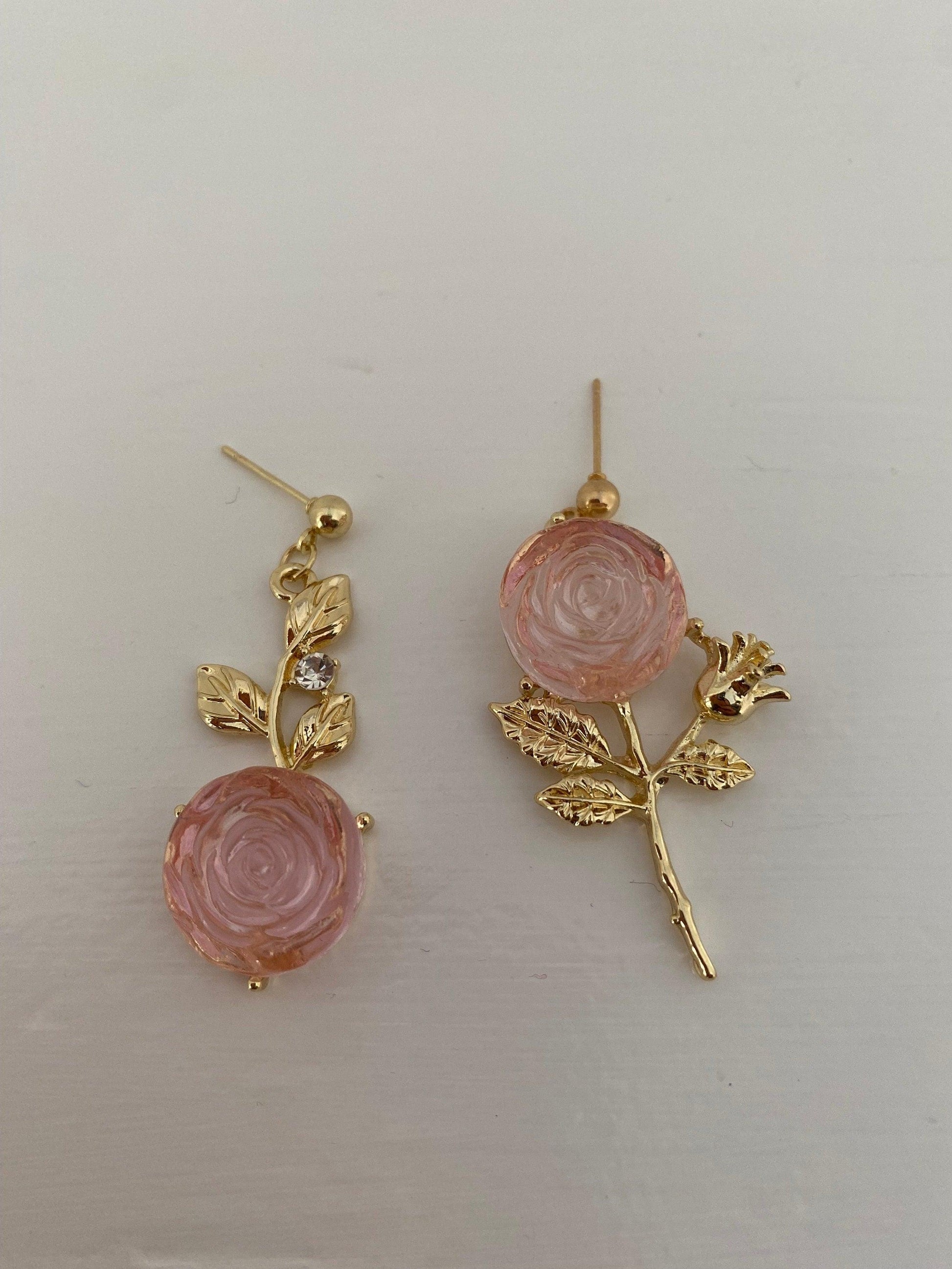 Asymmetric Rose Zircon Gemstone Earrings, Shinning Rose Zircon Earring For Her, S925 Silver Needle and Gold Earring eVE United Kingdom