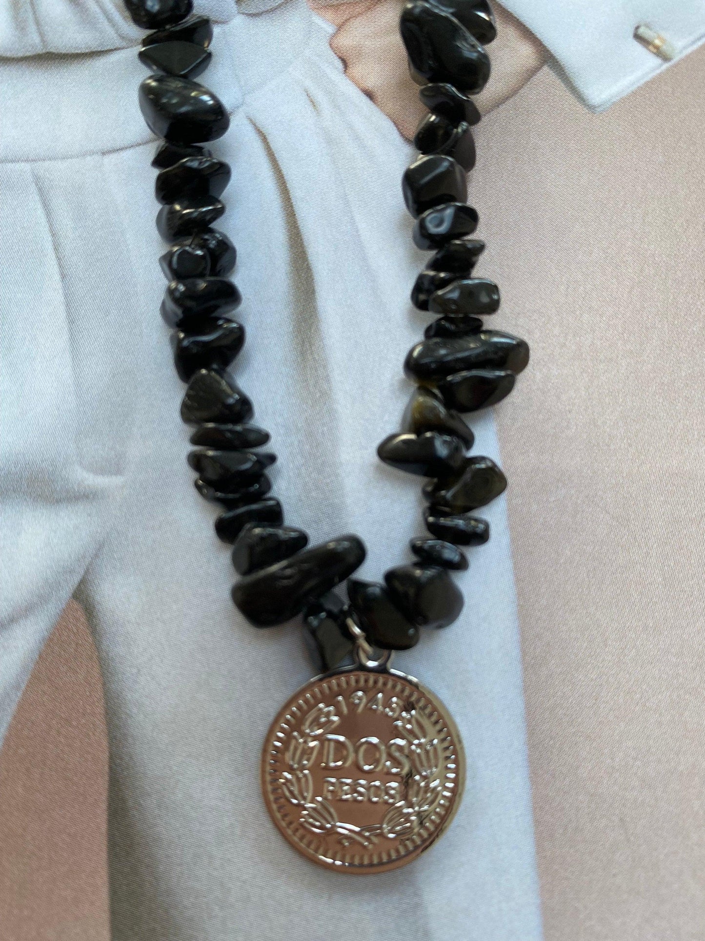 Black Agate Queen Portrait Necklace for Her, Summer Beach Silver Coin Pendant Necklace,  Black Agate Stone Coin Shape Pendant Necklace eVE United Kingdom