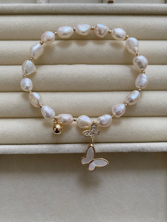 Bright Glitter Butterfly Charm Pearl Bracelet, Freshwater Pearls charm Bracelet, Pearl Charm Bracelet,  18K Gold Bracelet, Gift for Her eVE United Kingdom