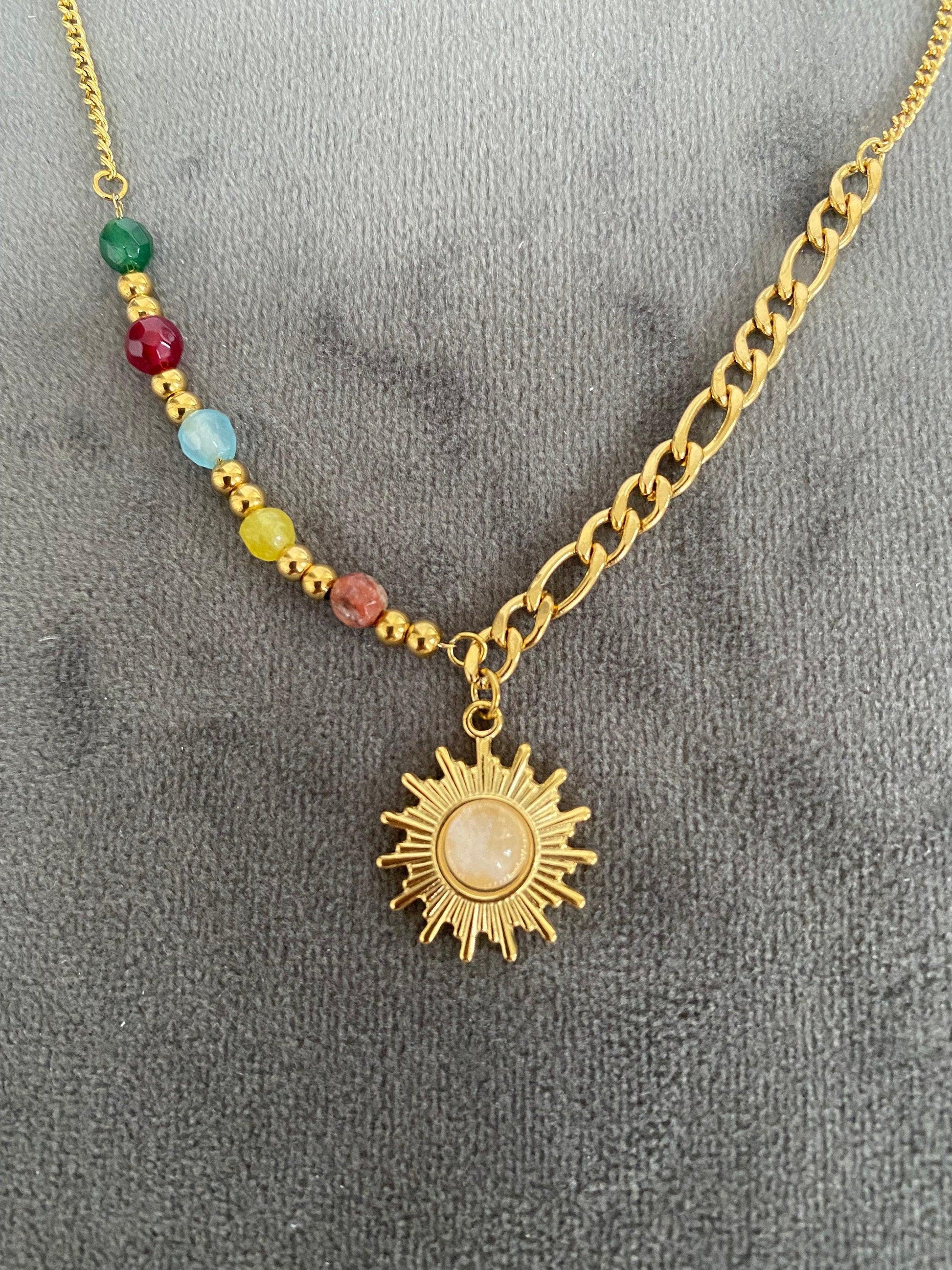 Figaro Chain Opal Stone Beads Sun Pendant Necklace, Colourful Mini Nugget Gemstone Beaded Necklace for Women, 18K Gold eVE United Kingdom