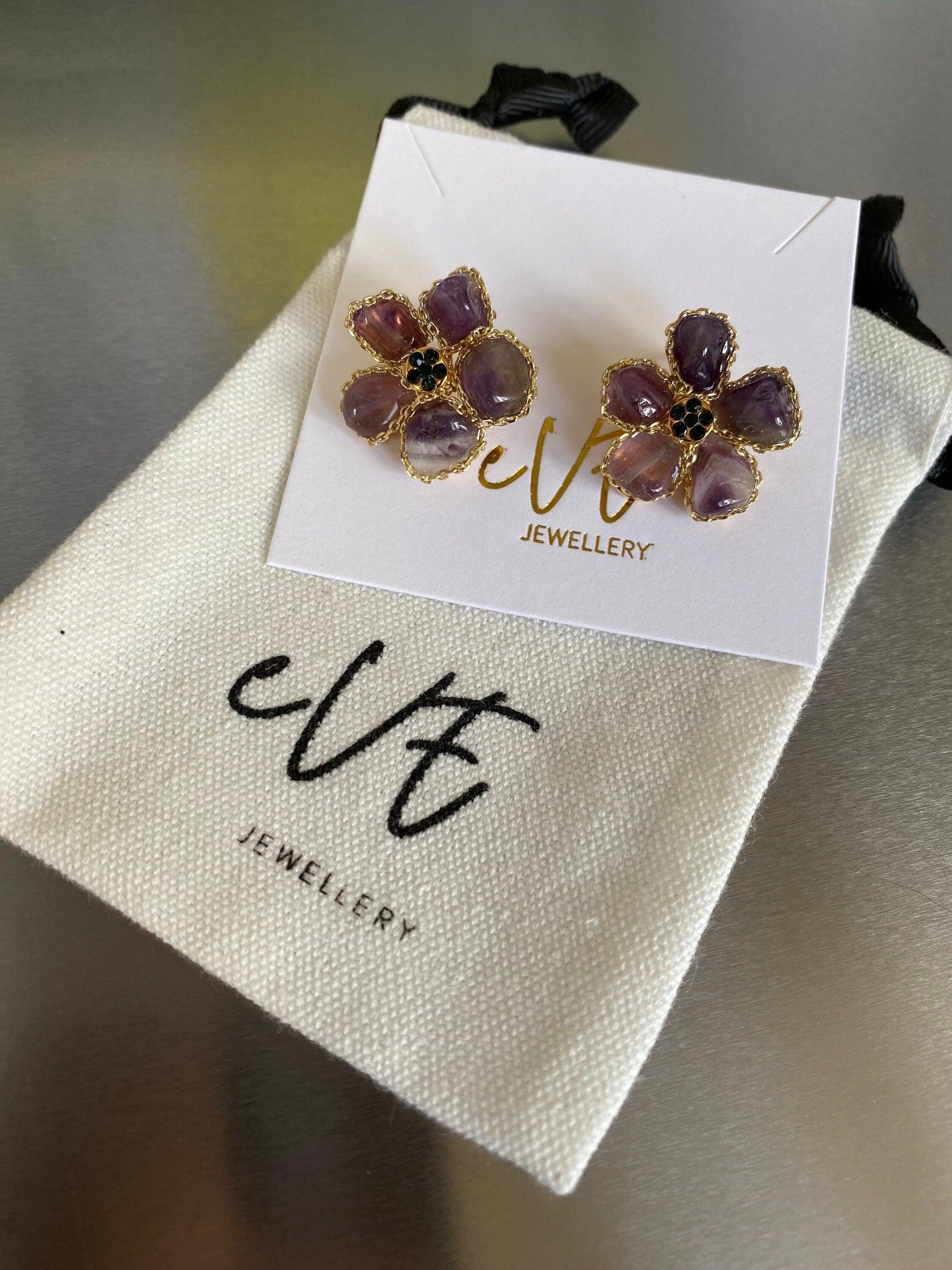 Flower Purple Amethyst Crystal Earring, Chain Charm Statement Earring, Flower Shape Earring, Raw Stone Earring for Her, Lucky Stone Earring eVE United Kingdom