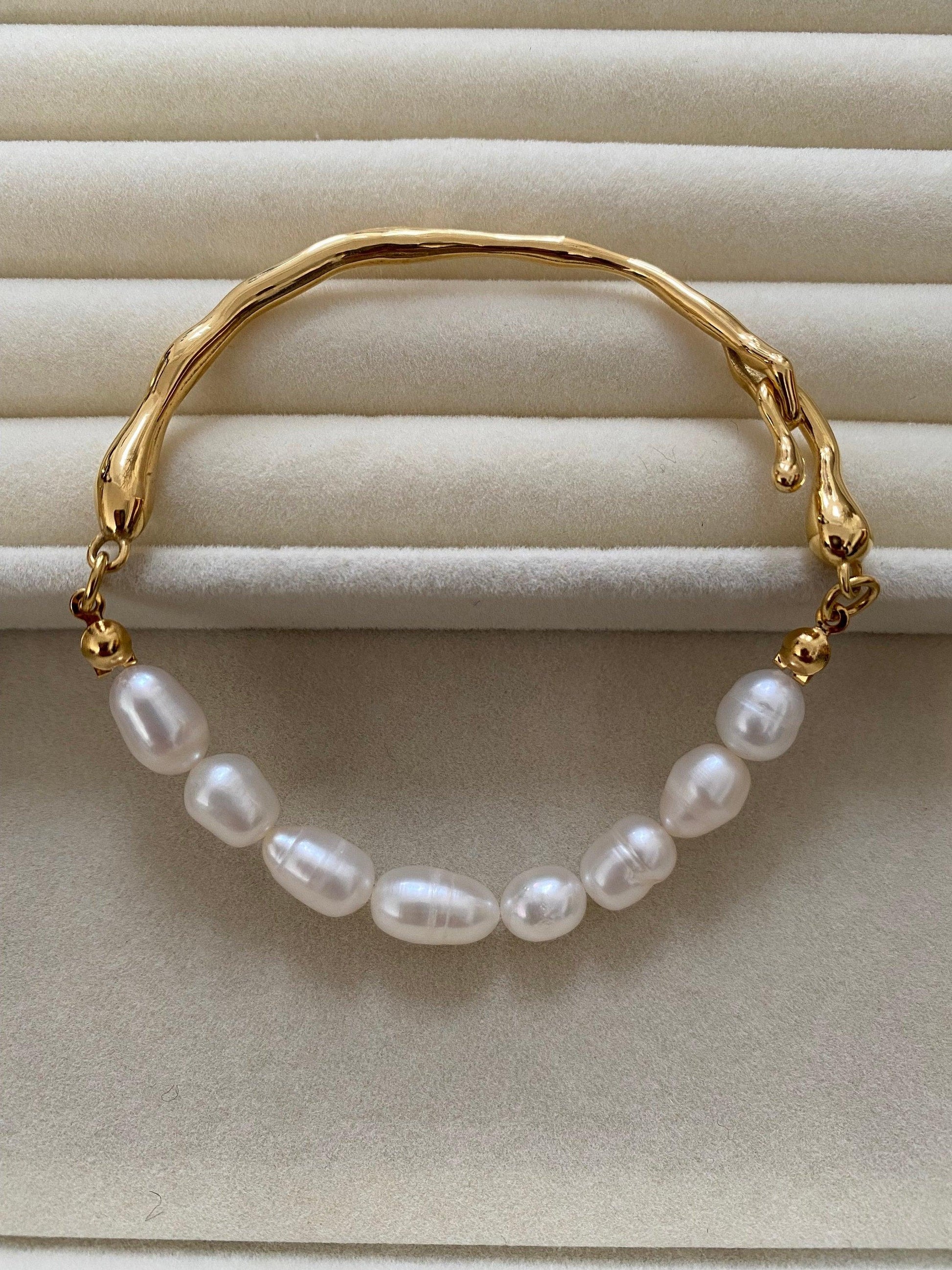 Genuine Natural Pearl Lustrous Bangle for Her, Korean Style Freshwater Rice Pearl Bracelet, 18K Gold and Wedding Bangles eVE United Kingdom