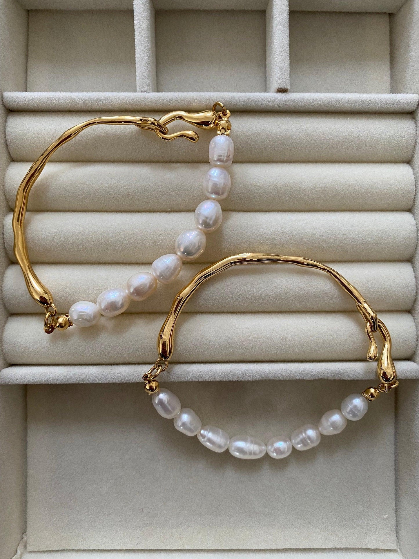 Genuine Natural Pearl Lustrous Bangle for Her, Korean Style Freshwater Rice Pearl Bracelet, 18K Gold and Wedding Bangles eVE United Kingdom