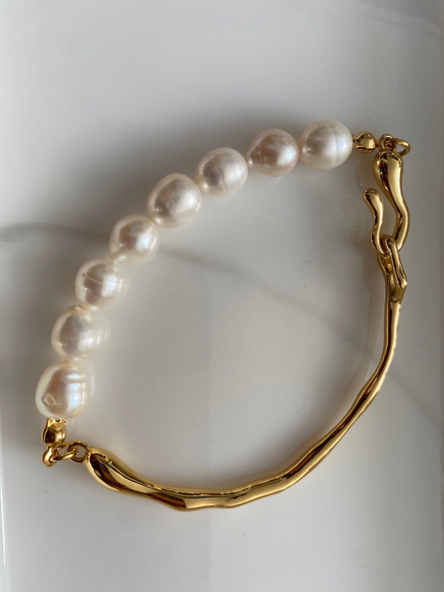 Genuine Natural Pearl Lustrous Bangle for Her, Korean Style Freshwater Rice Pearl Bracelet, 18K Gold and Wedding Bangles eVE United Kingdom