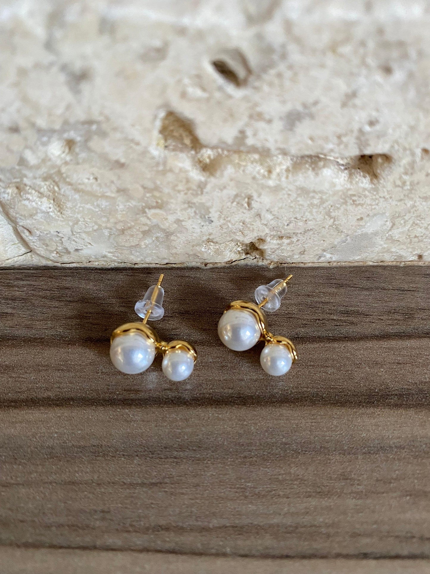 Gold Classic Two Pearl Irregular Shape Stud Earring, Multiple Pearls Stud Earring, Mini Double Pearl Earring for Her, S925 Needle, 18K Gold eVE United Kingdom