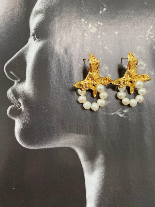 Retro Irregular Shape Freshwater Pearl Drop earring, Cute Brass Bird Shape Pearl Stud Earring, 18K Gold eVE United Kingdom