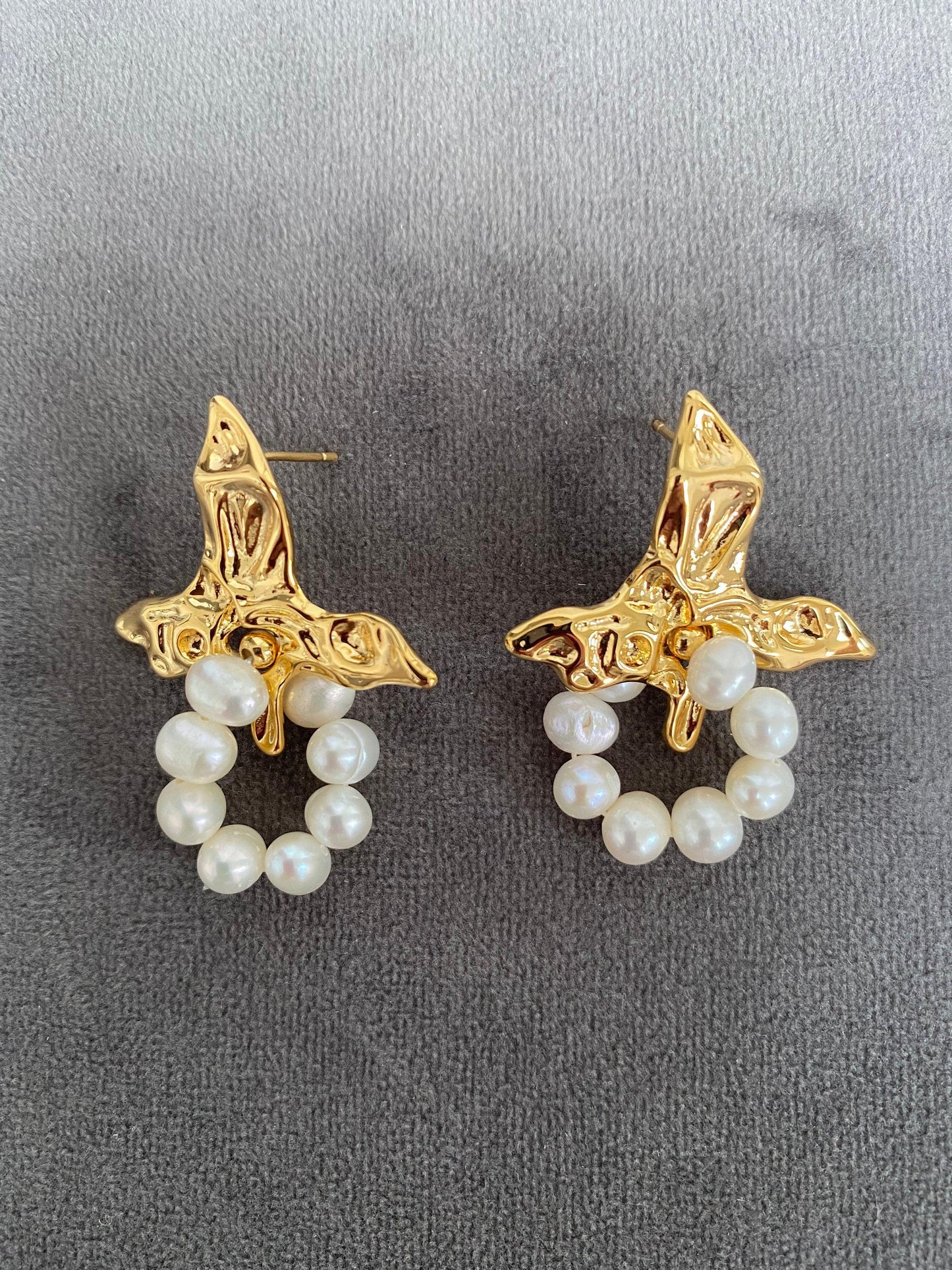 Retro Irregular Shape Freshwater Pearl Drop earring, Cute Brass Bird Shape Pearl Stud Earring, 18K Gold eVE United Kingdom