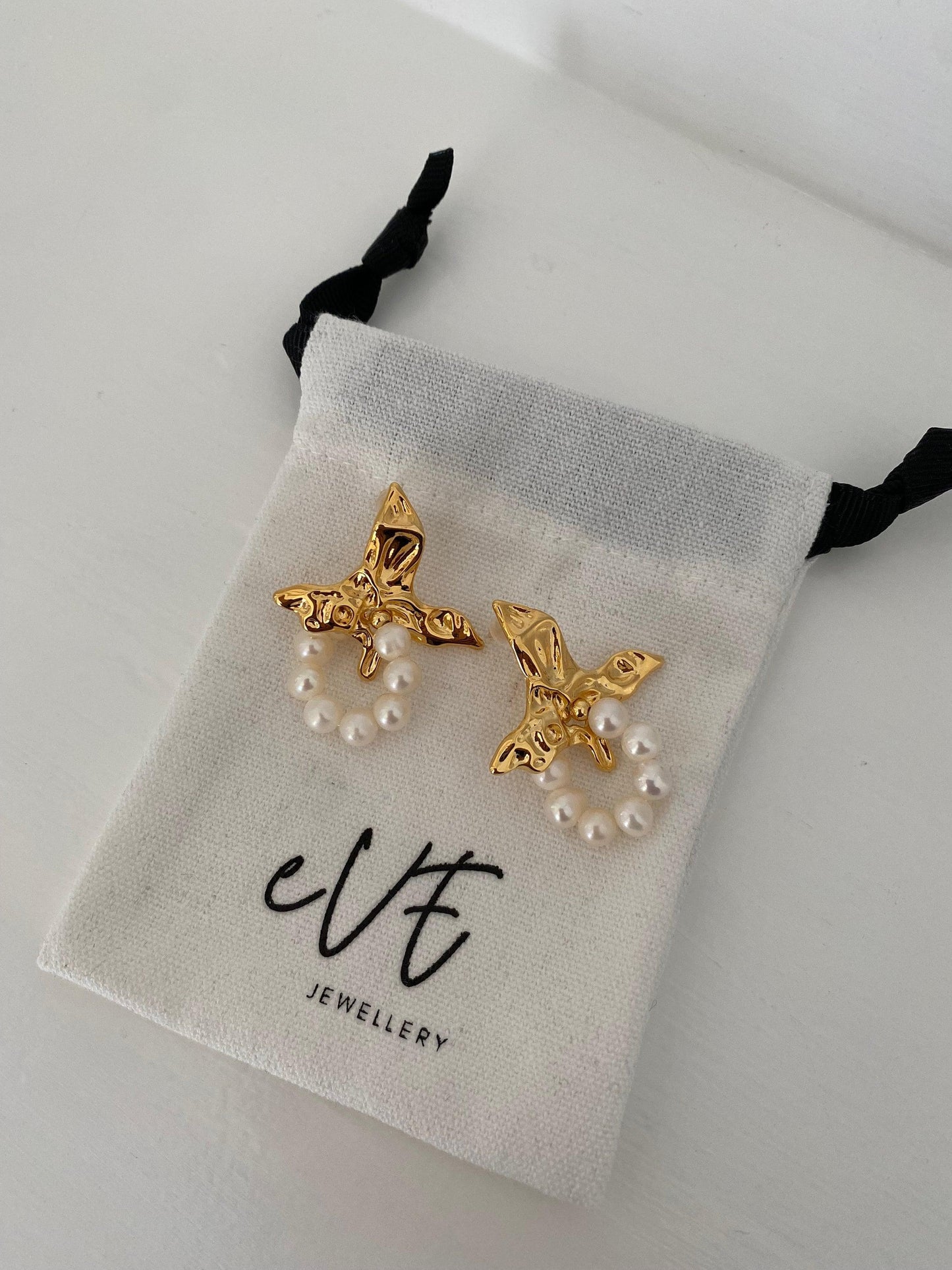 Retro Irregular Shape Freshwater Pearl Drop earring, Cute Brass Bird Shape Pearl Stud Earring, 18K Gold eVE United Kingdom