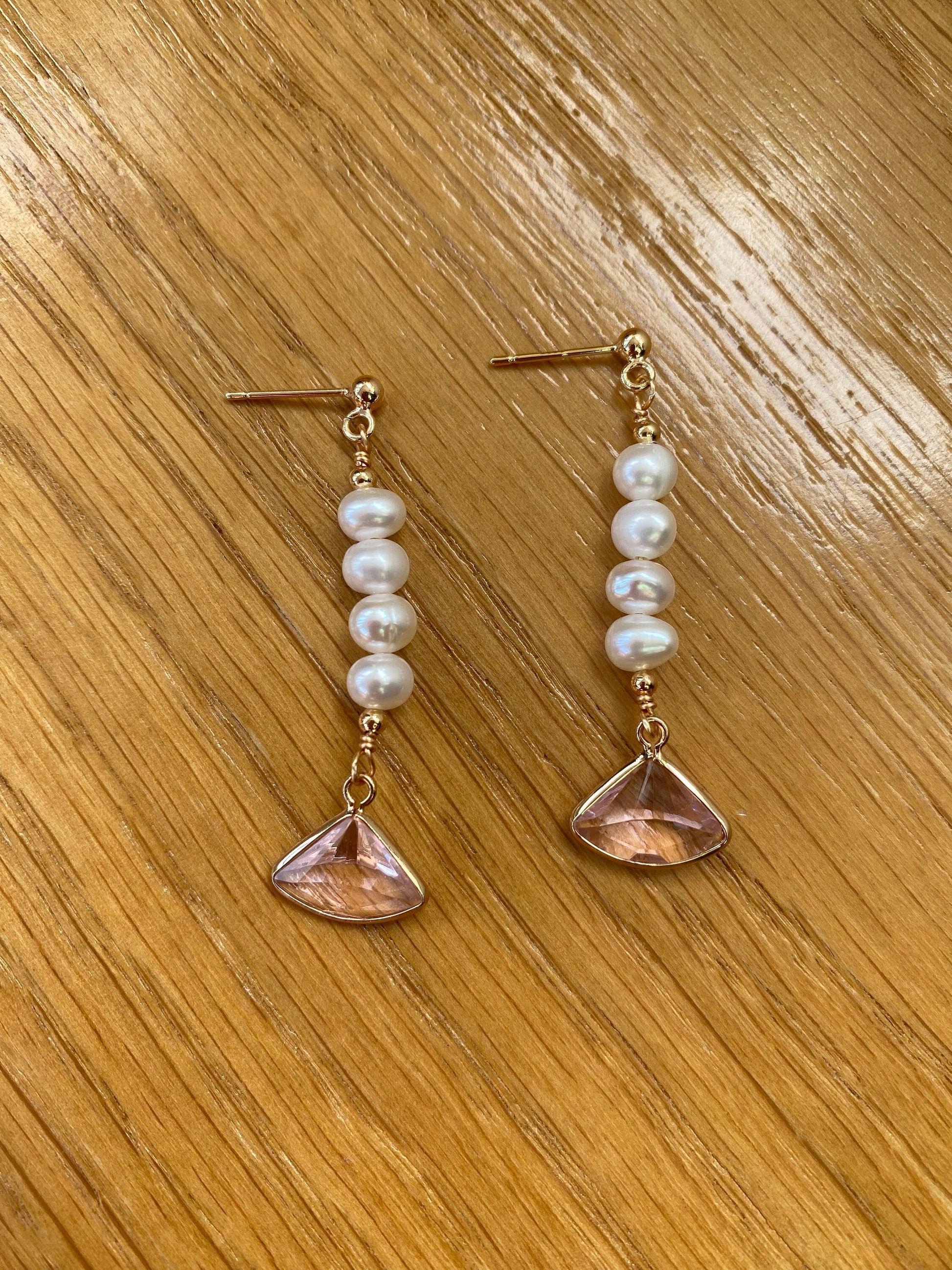 Long Tassel Freshwater Pearl Earring, Pink Bead Stone Pearl Earring for Her, White Freshwater Pearl Earring, 18K Gold, S925 Sterling Silver eVE United Kingdom