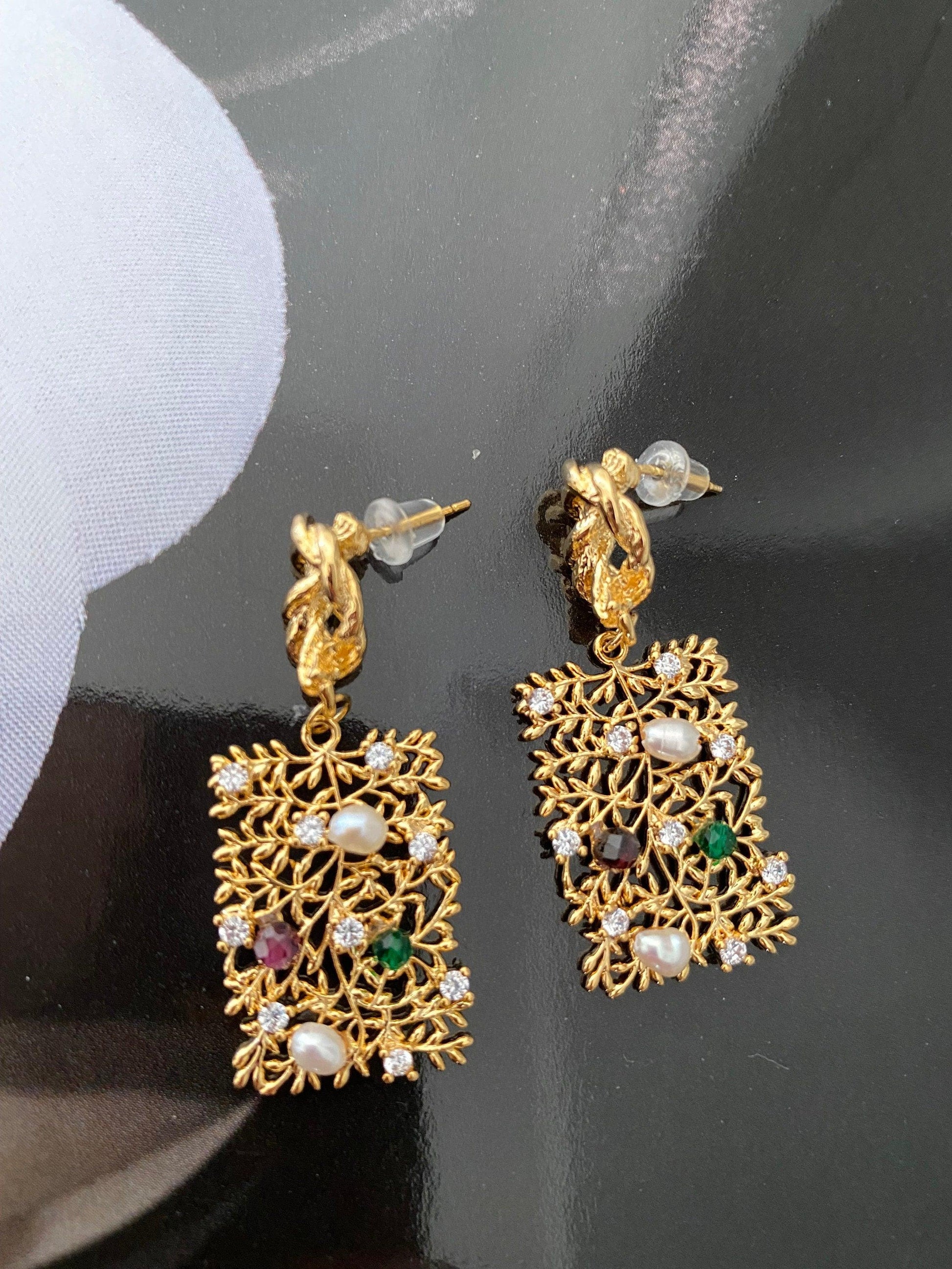 Mix Gemstone Stunning Gold Zircon Pendant Earring, Freshwater Pearl Drop Earring, Statement Earring, Bridal Wedding Gift, French Style eVE United Kingdom