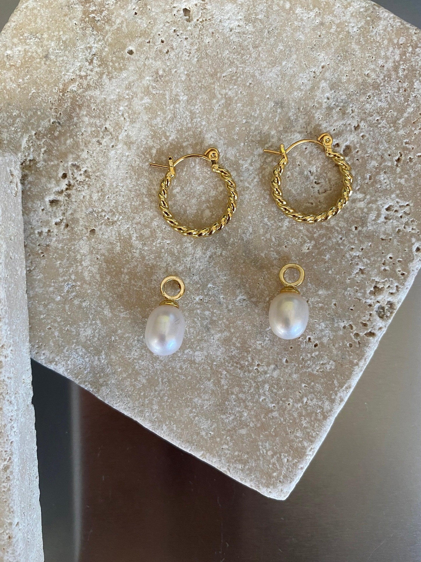 Natural Freshwater Pearl Hoop Earring, Twisted Freshwater Pearl Dangle Earring for Her, 2 Way Statement Earring, 18K Gold eVE United Kingdom