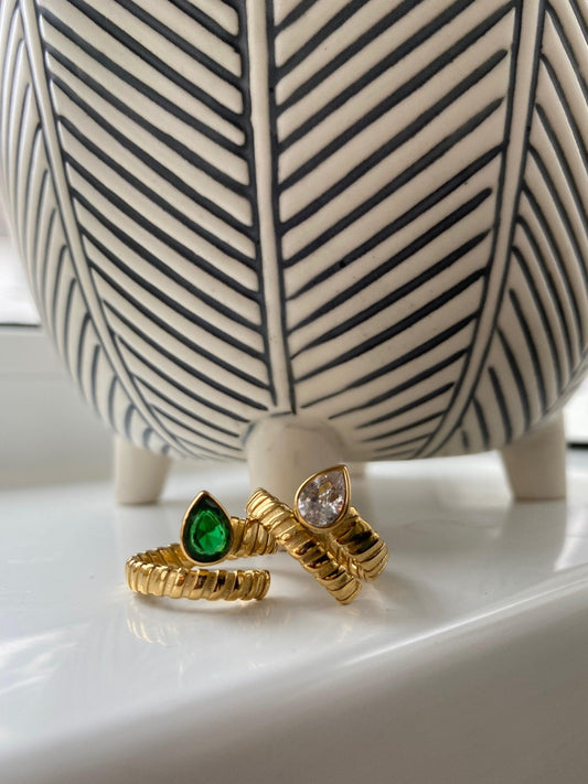 Small Tiny Teardrop Green Zircon Rings for Women,  Cubic Adjusted Statement layer Rings, Spiral Twisted White Zircon Open Rings, 18K Gold eVE United Kingdom