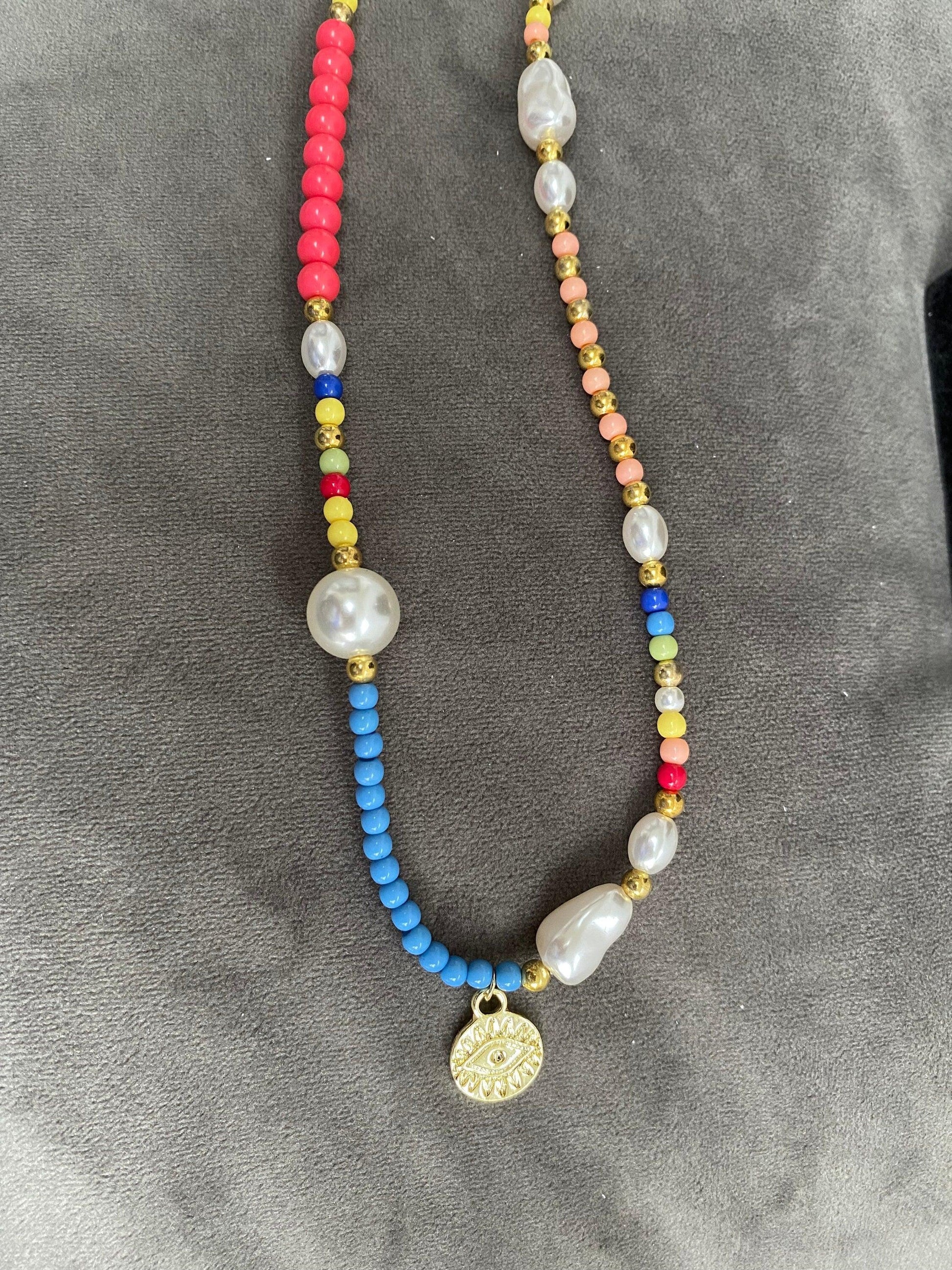 Spring Colour Beaded Stone With Pearl, Summer Beach Evil Eye Coin Pendant Freshwater Pearl Necklace for Her, Brass eVE United Kingdom