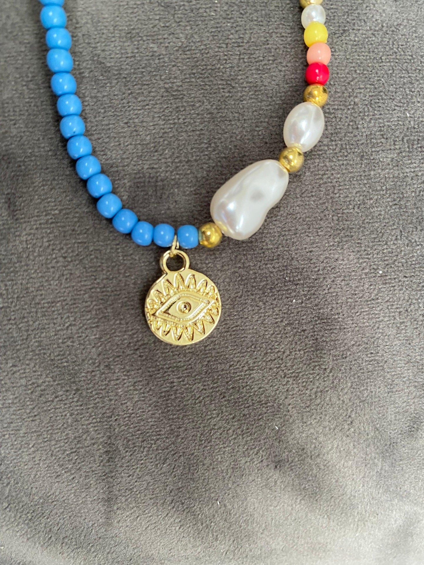 Spring Colour Beaded Stone With Pearl, Summer Beach Evil Eye Coin Pendant Freshwater Pearl Necklace for Her, Brass eVE United Kingdom