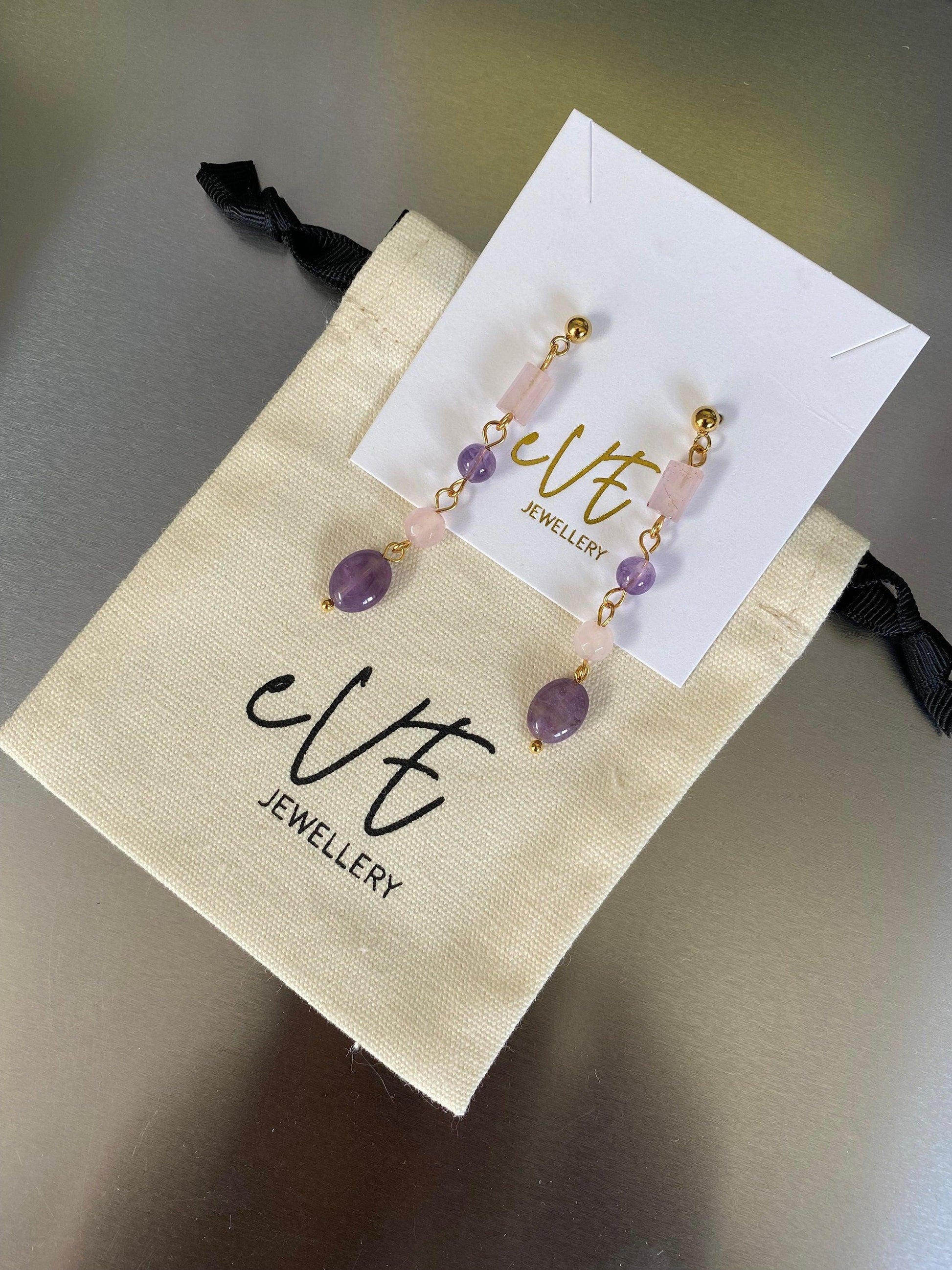 Tassel Purple Amethyst Rose Quartz Drop Earring, Natural Stone Stainless Steel Earring for Her, Amethyst Rose Quartz Powerful Stone Earring eVE United Kingdom