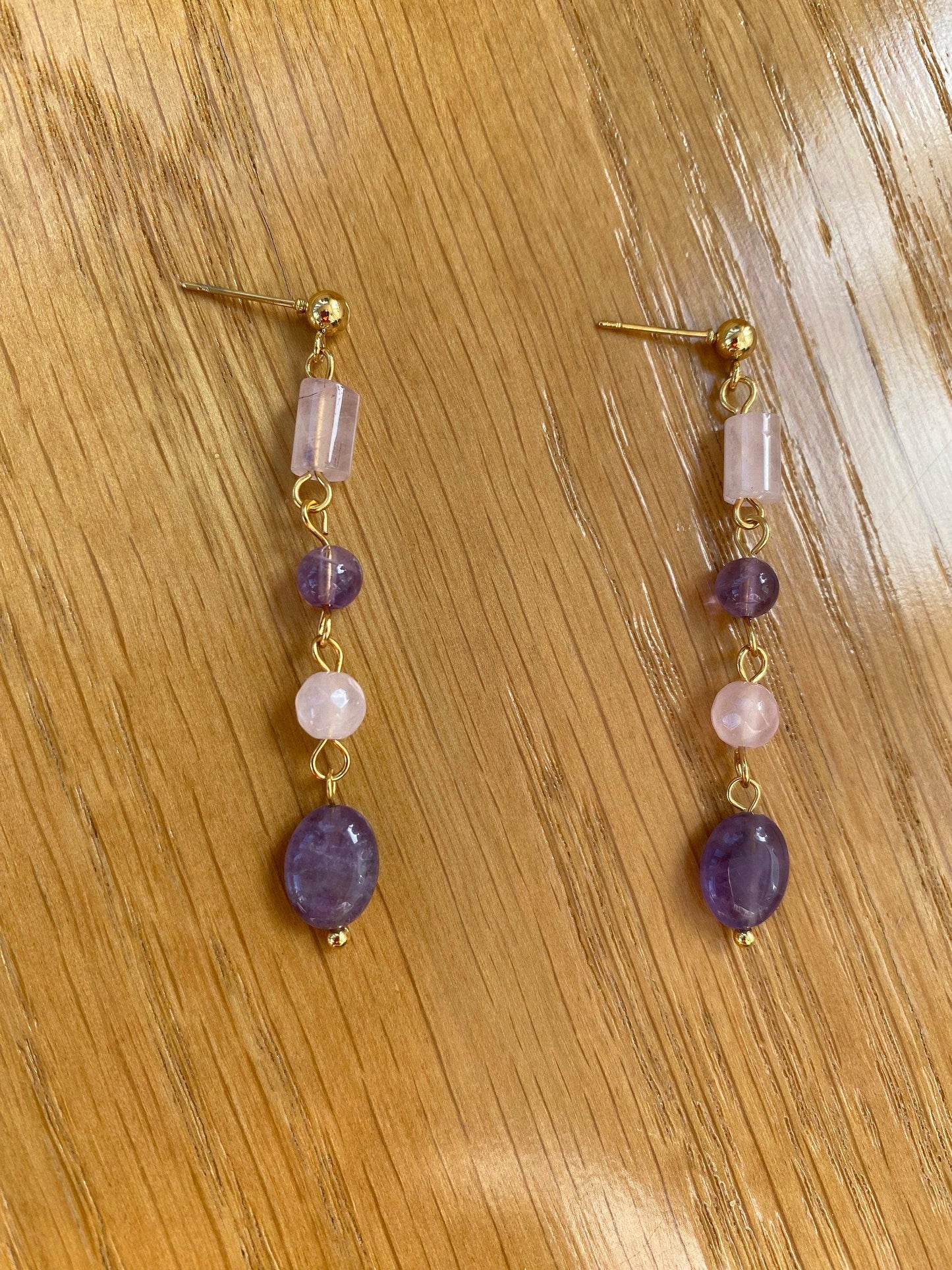 Tassel Purple Amethyst Rose Quartz Drop Earring, Natural Stone Stainless Steel Earring for Her, Amethyst Rose Quartz Powerful Stone Earring eVE United Kingdom