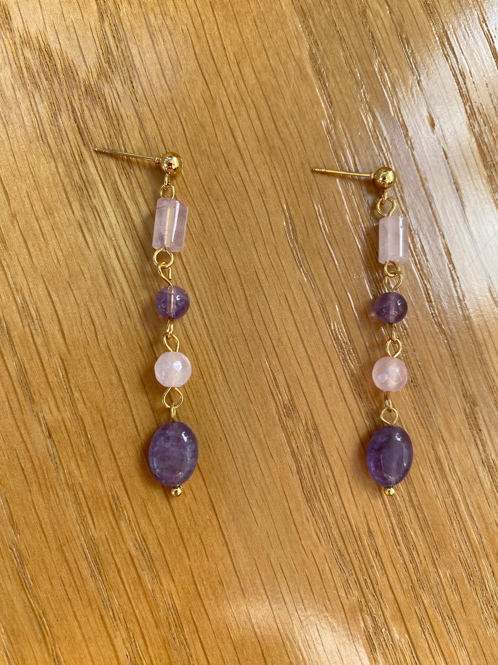 Tassel Purple Amethyst Rose Quartz Drop Earring, Natural Stone Stainless Steel Earring for Her, Amethyst Rose Quartz Powerful Stone Earring eVE United Kingdom