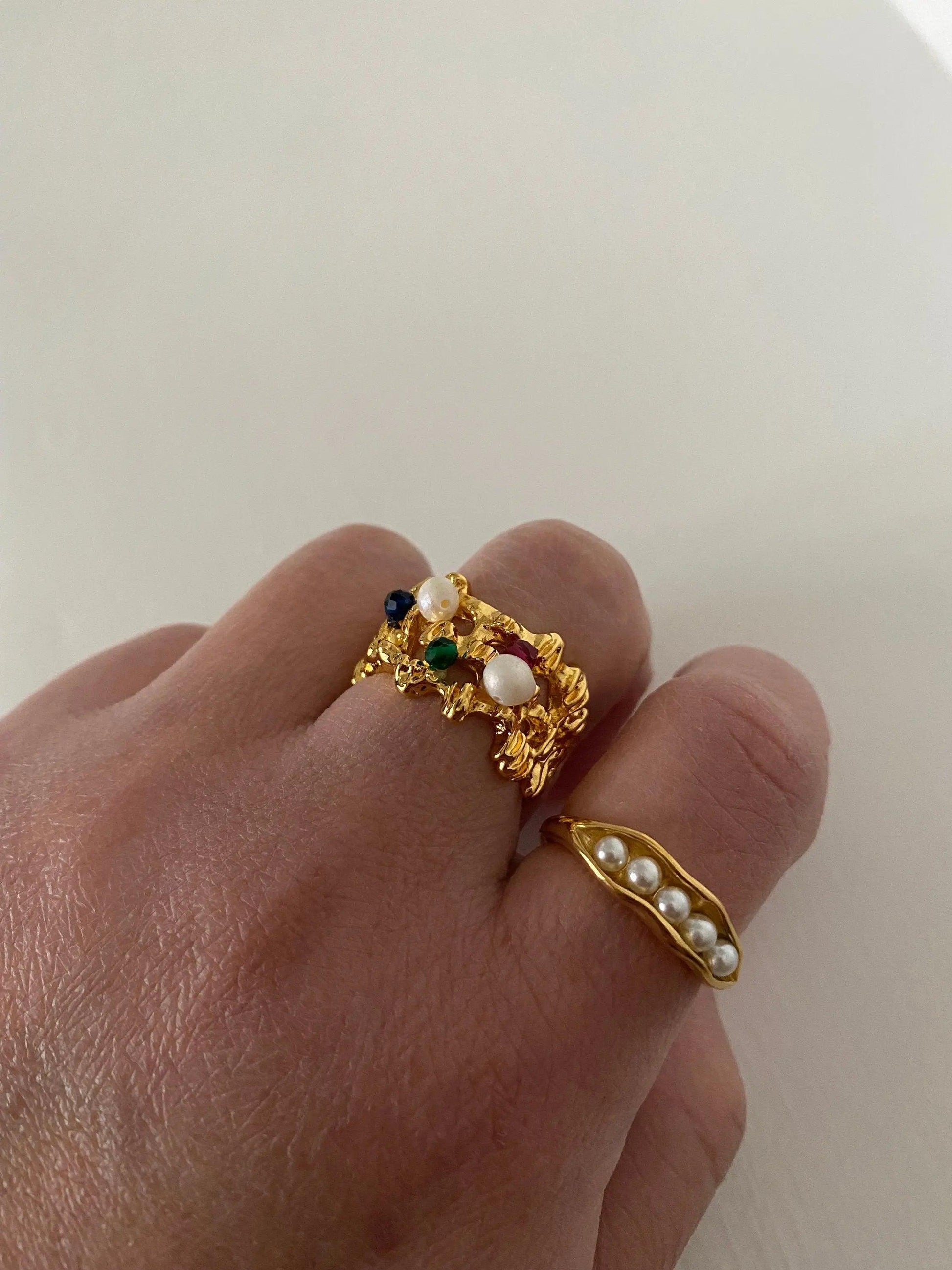 Thick Layer Zircon Stone Ring, Chunky Natural Freshwater Pearl Statement Ring for Her, Cocktail Stack Ring, 18K Real Gold eVE United Kingdom