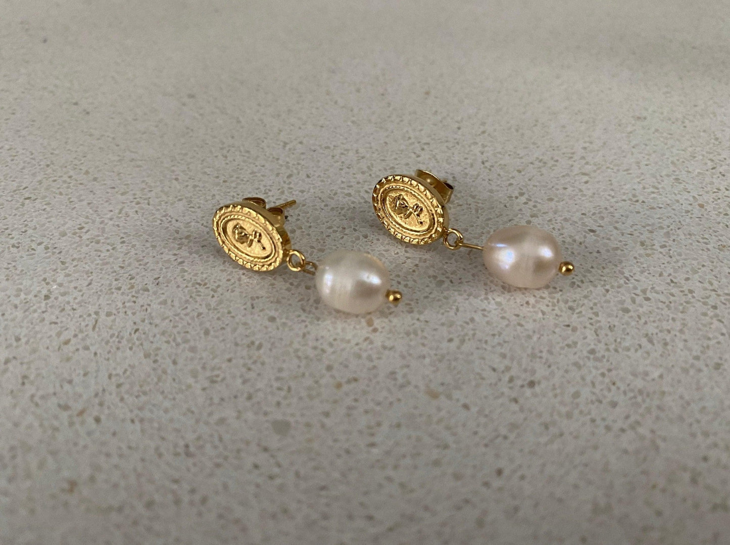 Tiny Coin Design Rose Embossed Freshwater Pearl Earring for Women, Pendant Coin Design Flower Earring, 18K Gold eVE United Kingdom