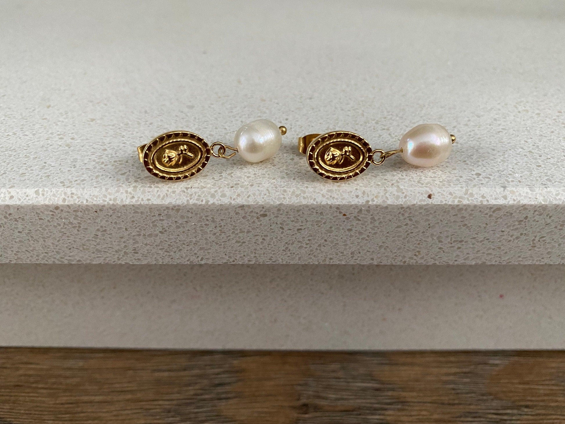 Tiny Coin Design Rose Embossed Freshwater Pearl Earring for Women, Pendant Coin Design Flower Earring, 18K Gold eVE United Kingdom