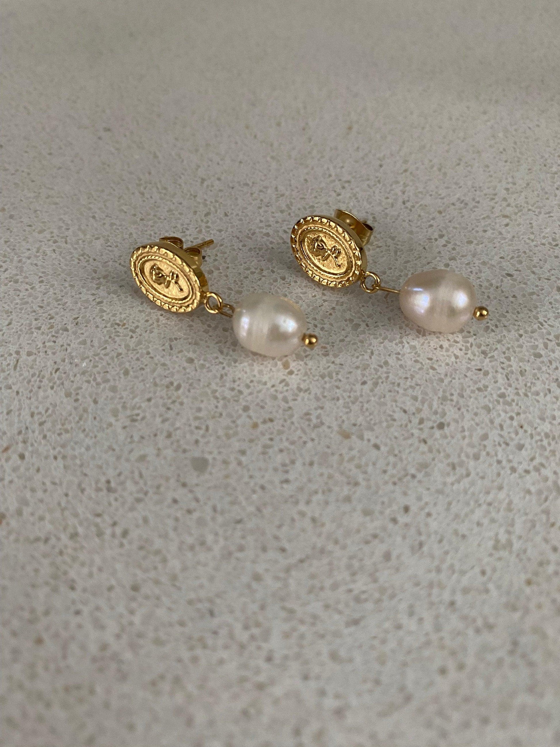 Tiny Coin Design Rose Embossed Freshwater Pearl Earring for Women, Pendant Coin Design Flower Earring, 18K Gold eVE United Kingdom