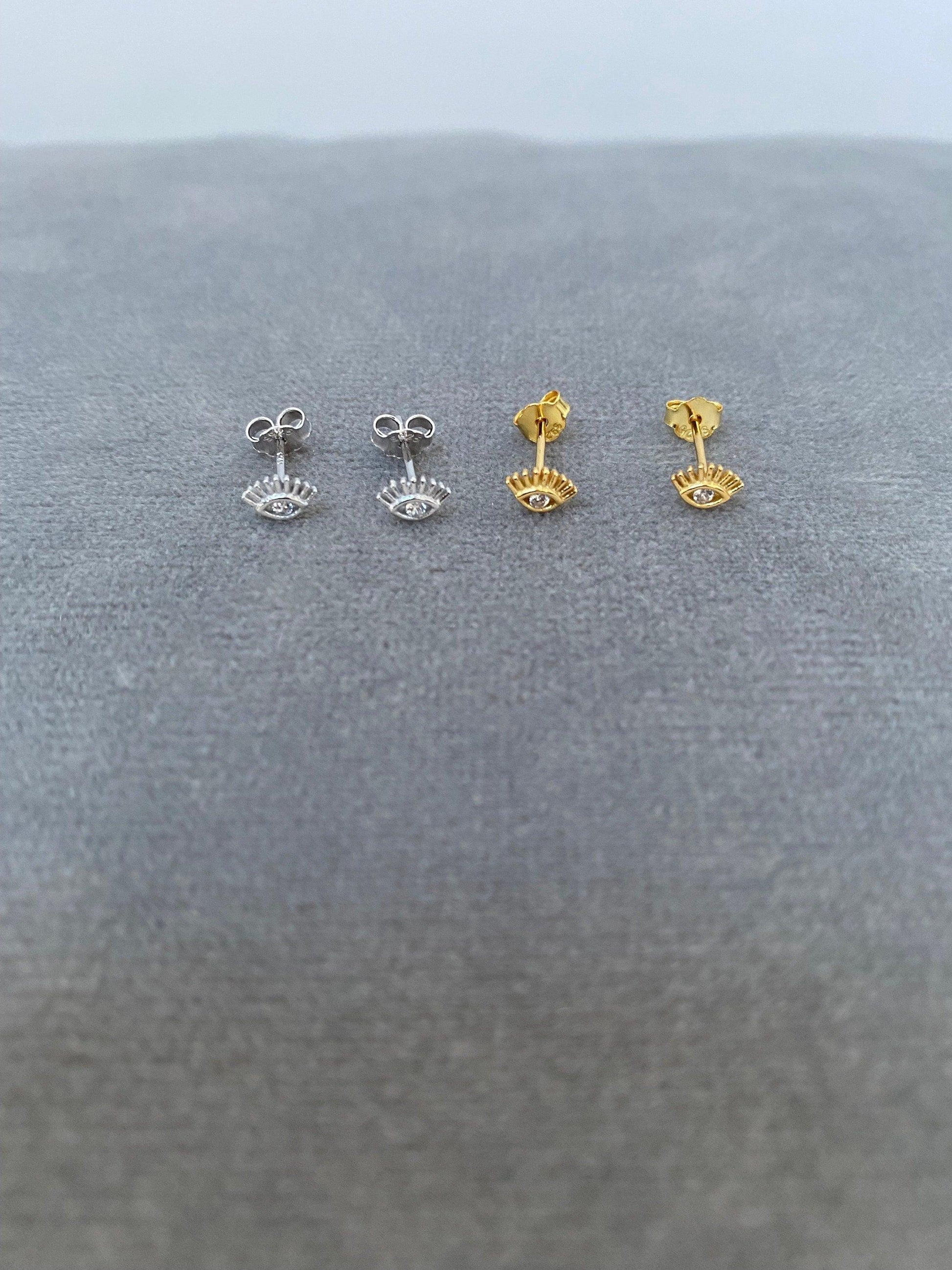 Tiny Evil Eye Stud Earring in Sterling Silver, Cubic Zirconia Evil Eye Stud Earring, Cute Evil Eye Mini Stud Earring, Gold and Silver eVE United Kingdom